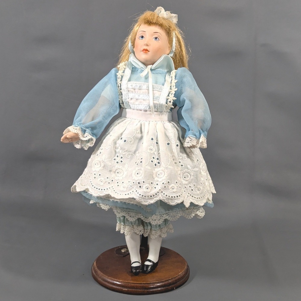 Alice in Wonderland Porcelain Doll 11.5 In. Bisque Blue Dress Eyelet Apron Stand - Picture 5 of 6